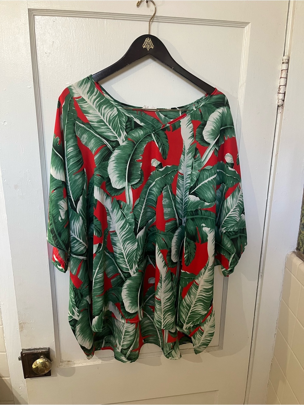 Adrienne Women's Plus 3X Red Green Banana Leaf Tropical Palm Print Tunic EUC